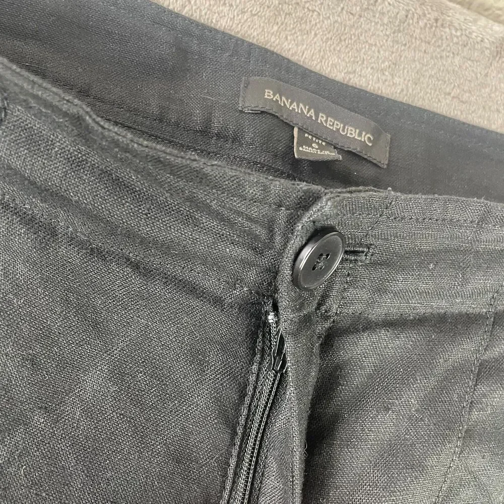 Banana Republic Wide Leg 100% Linen Pants Women Petite 6 Black Pleated‎ Summer